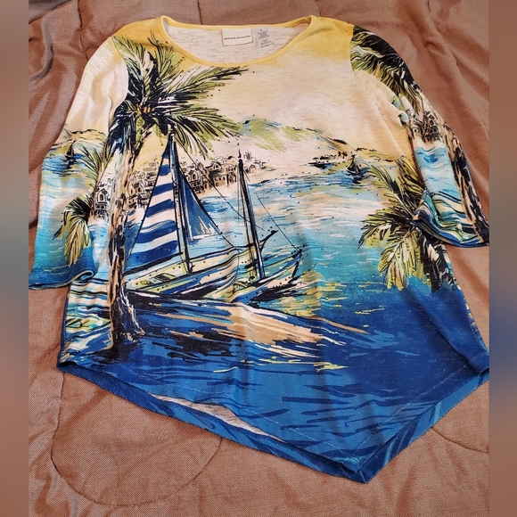 Alfred Dunner Tops - Alfred Dunner Island Scene summer Tunic 3/4 Sleeve Size Small Nautical